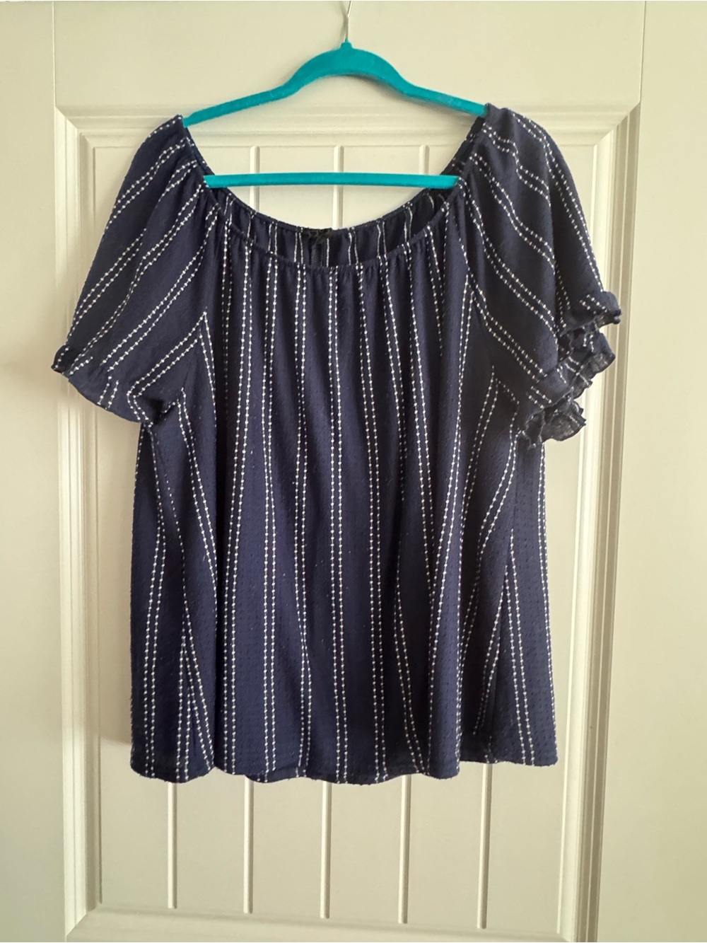 W5 Navy Blue Off-Shoulder Peasant Blouse with White Stitch Stripes